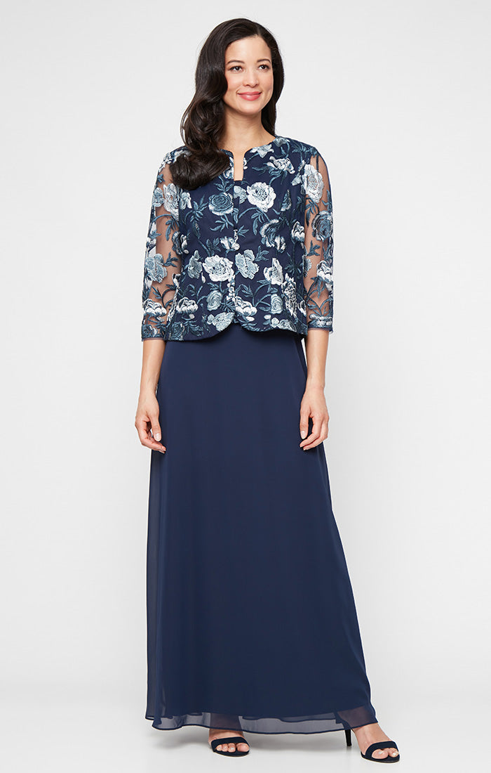 Petite Long Embroidered Tulle Mock Jacket Dress with Scoop Neckline and Chiffon Skirt