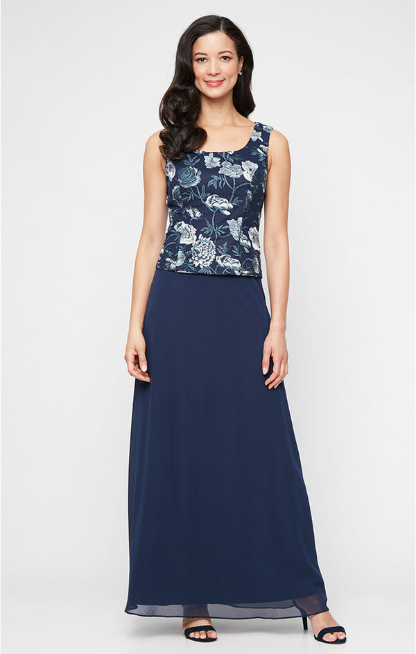 Petite Long Embroidered Tulle Mock Jacket Dress with Scoop Neckline and Chiffon Skirt