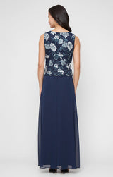 Long Embroidered Tulle Mock Jacket Dress with Scoop Neckline and Chiffon Skirt