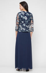 Petite Long Embroidered Tulle Mock Jacket Dress with Scoop Neckline and Chiffon Skirt