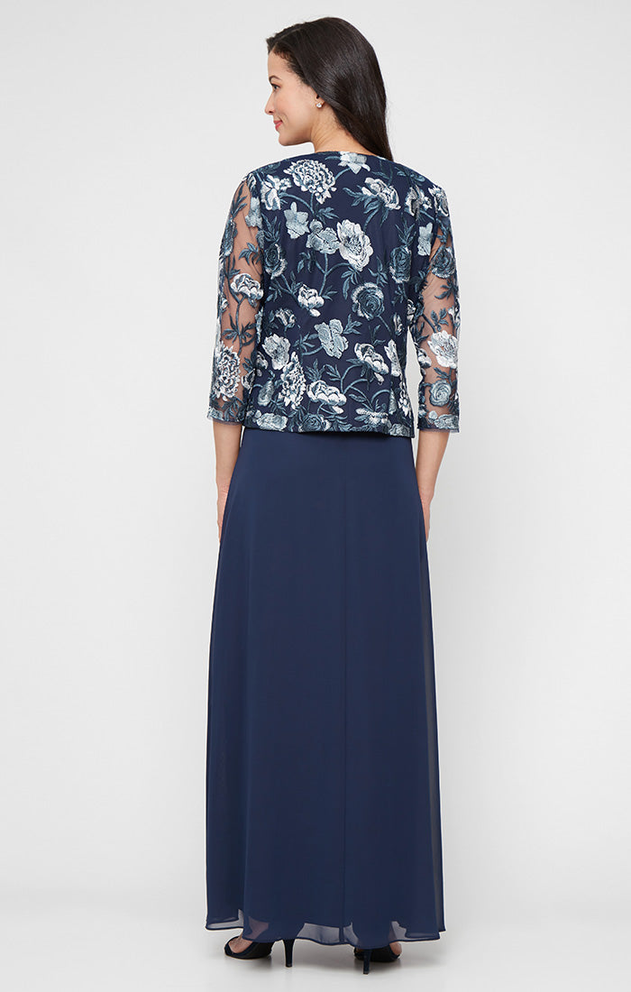 Petite Long Embroidered Tulle Mock Jacket Dress with Scoop Neckline and Chiffon Skirt