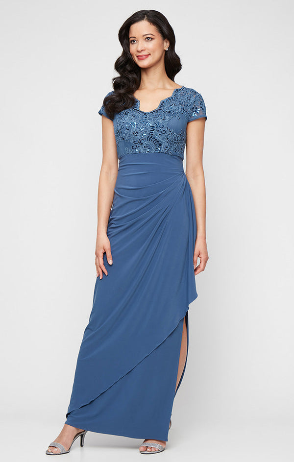 Long Embroidered Tulle Empire Waist Dress with Jersey Cascade Overlay Skirt
