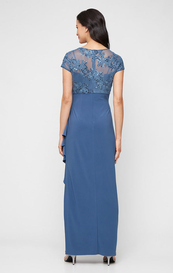 Long Embroidered Tulle Empire Waist Dress with Jersey Cascade Overlay Skirt