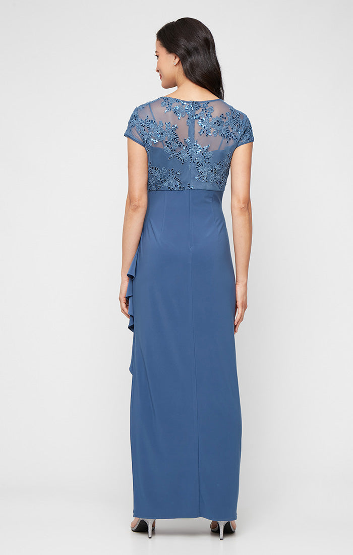 Long Embroidered Tulle Empire Waist Dress with Jersey Cascade Overlay Skirt