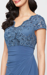 Long Embroidered Tulle Empire Waist Dress with Jersey Cascade Overlay Skirt