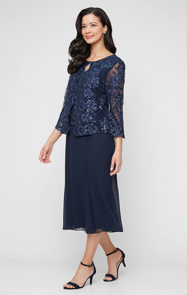 Plus Midi Embroidered Tulle Mock Jacket Dress with Hook Neck Closure Attached Jacket and Chiffon Skirt