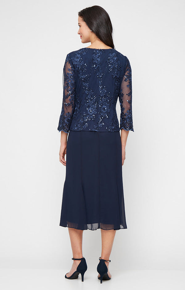 Plus Midi Embroidered Tulle Mock Jacket Dress with Hook Neck Closure Attached Jacket and Chiffon Skirt