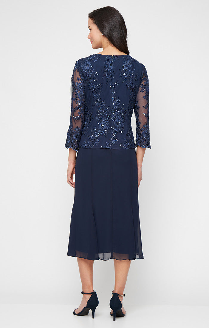 Plus Midi Embroidered Tulle Mock Jacket Dress with Hook Neck Closure Attached Jacket and Chiffon Skirt
