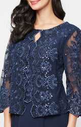 Midi Sequin Embroidered Tulle Mock Jacket Dress with Hook Neck Closure Attached Jacket and Chiffon Skirt