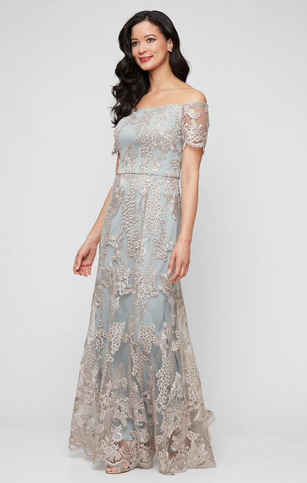 Long Embroidered Tulle Off the Shoulder Dress with Scallop Detail
