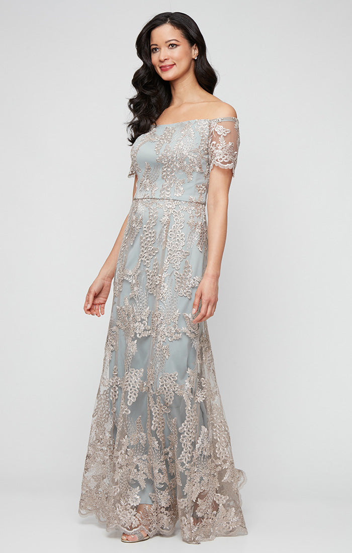 Long Embroidered Tulle Off the Shoulder Dress with Scallop Detail