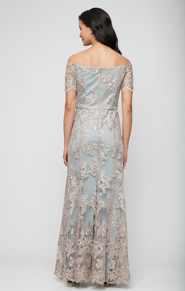 Long Embroidered Tulle Off the Shoulder Dress with Scallop Detail