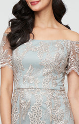 Long Embroidered Tulle Off the Shoulder Dress with Scallop Detail
