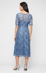 Midi Embroidered Tulle V-Neck Dress with Illusion Elbow Sleeves and A-Line Skirt