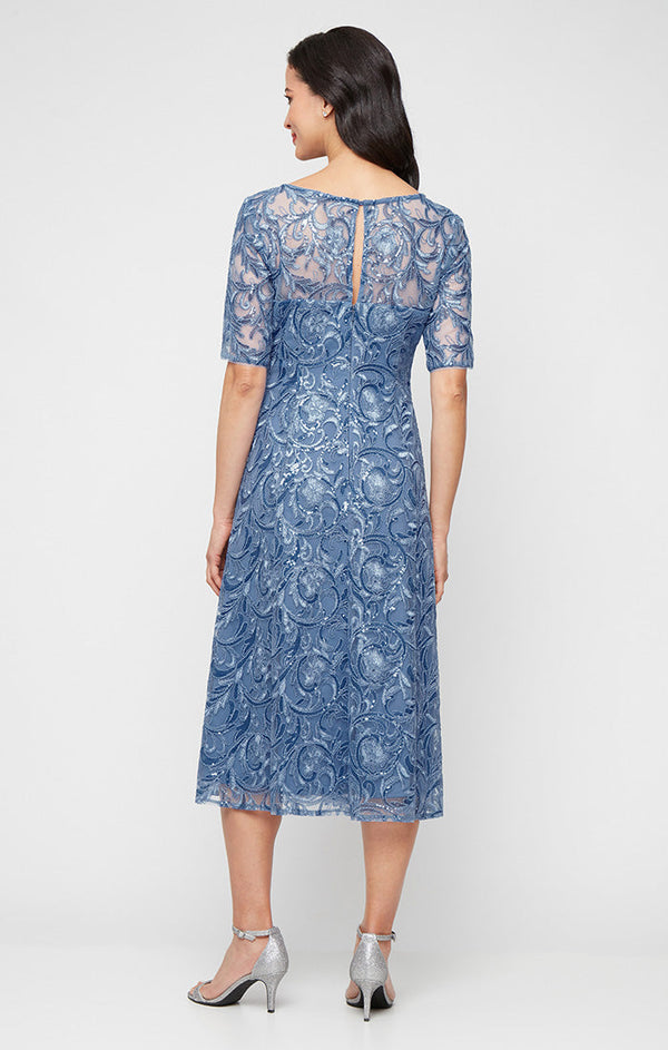 Midi Embroidered Tulle V-Neck Dress with Illusion Elbow Sleeves and A-Line Skirt