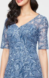 Midi Embroidered Tulle V-Neck Dress with Illusion Elbow Sleeves and A-Line Skirt