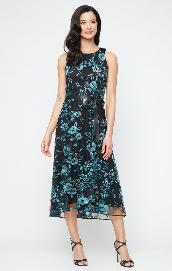 Midi Embroidered Tulle Sleeveless Dress with Tie Waist