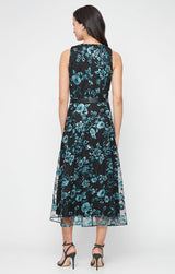 Midi Embroidered Tulle Sleeveless Dress with Tie Waist