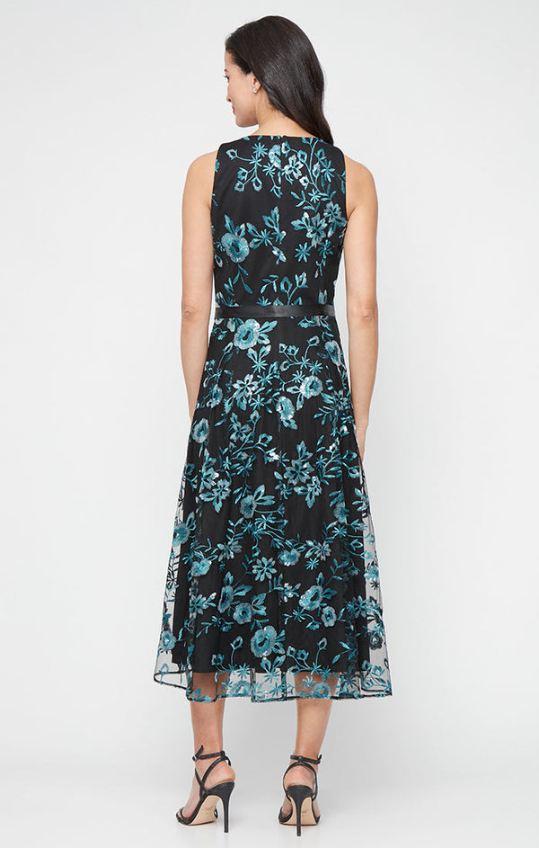Midi Embroidered Tulle Sleeveless Dress with Tie Waist