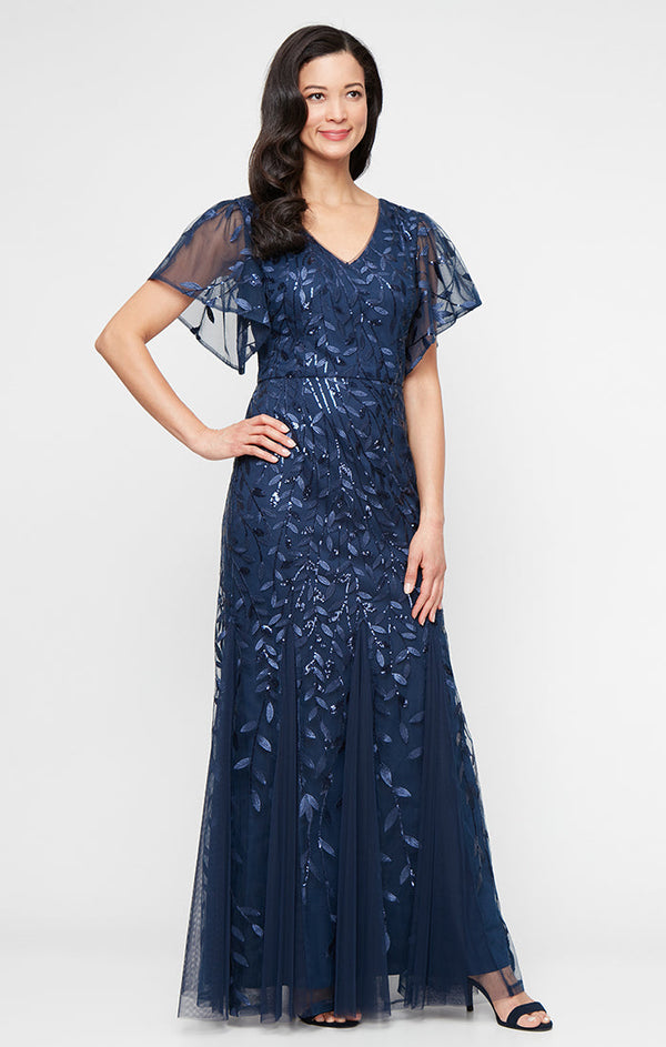 Long Embroidered Tulle Mermaid Dress with V-Neckline and Illusion Flutter Sleeves