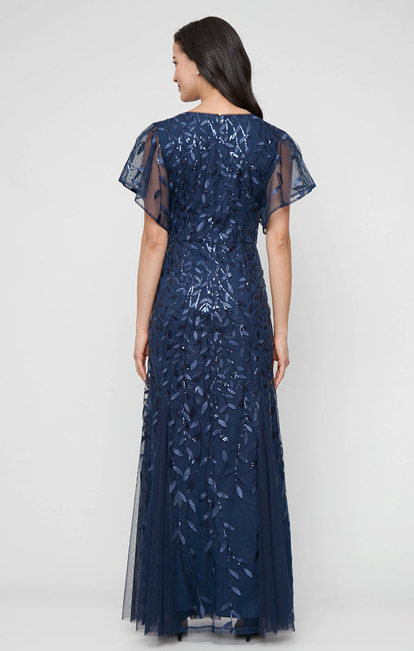 Long Embroidered Tulle Mermaid Dress with V-Neckline and Illusion Flutter Sleeves