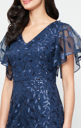 Long Embroidered Tulle Mermaid Dress with V-Neckline and Illusion Flutter Sleeves