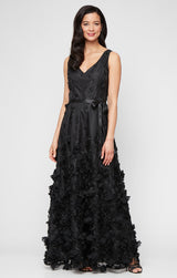 Long Sleeveless 3-D Flower A-Line Dress