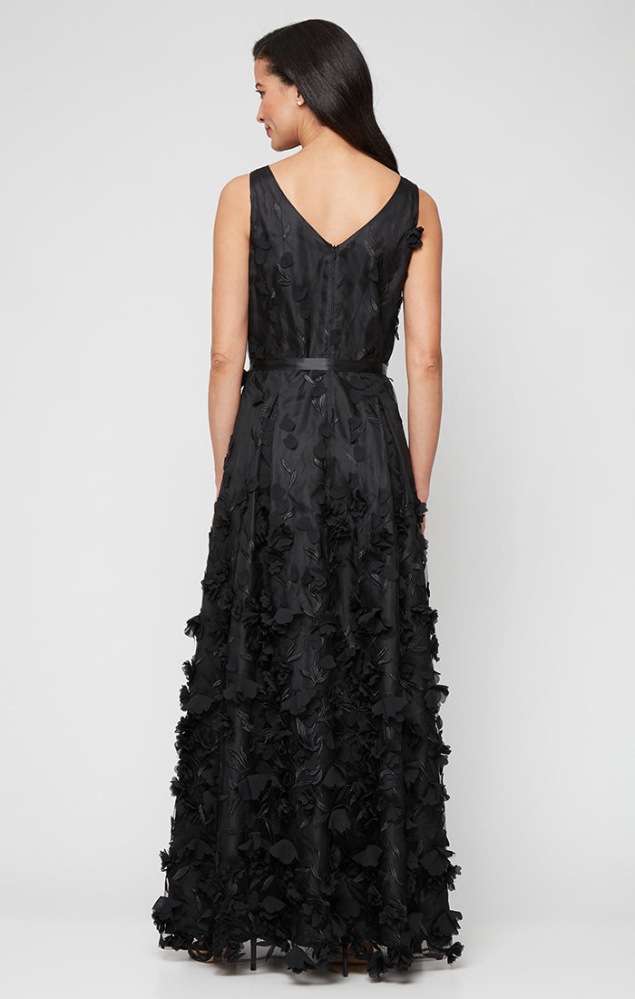 Long Sleeveless 3-D Flower A-Line Dress