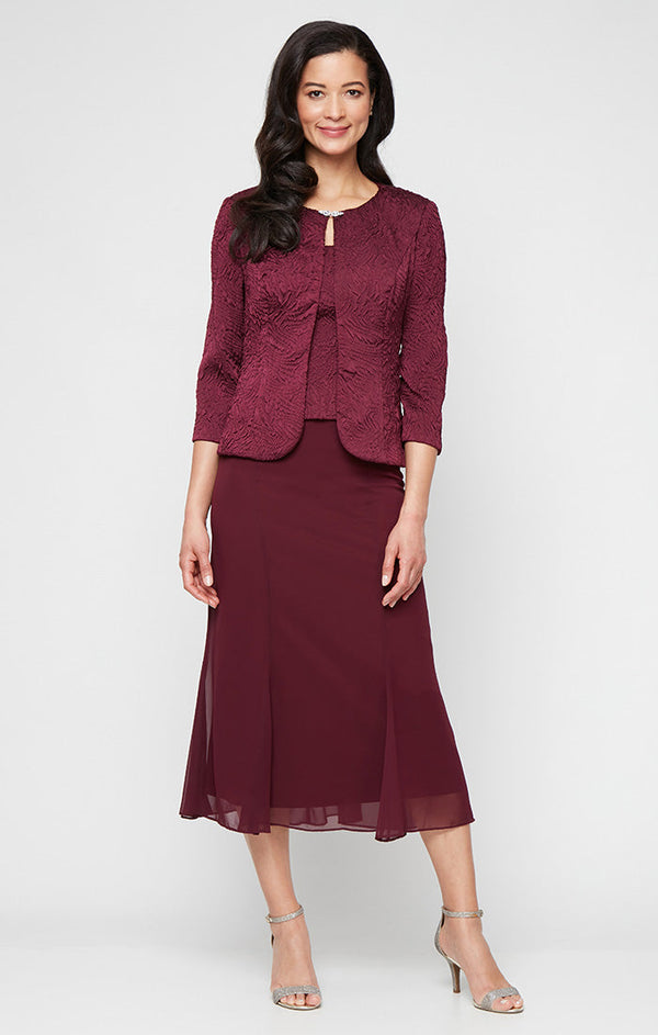 Tea Length Textured Jacquard Mock Jacket Dress with Scoop Neck Bodice, Full Skirt and Decorative Hook Neck Closure Jacket