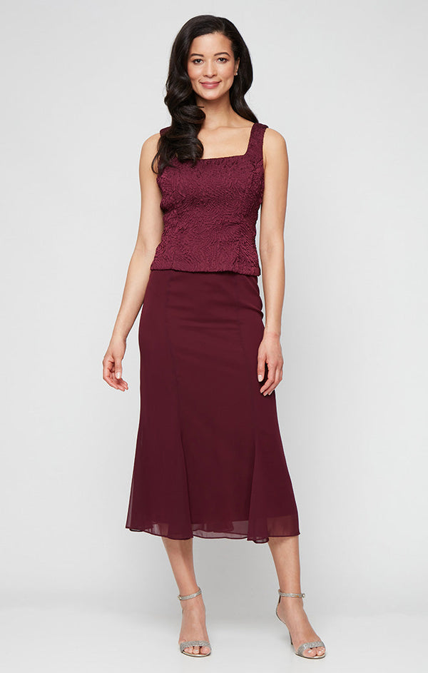 Tea Length Textured Jacquard Mock Jacket Dress with Scoop Neck Bodice, Full Skirt and Decorative Hook Neck Closure Jacket
