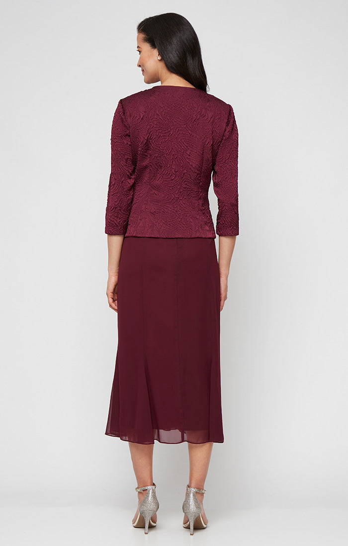 Tea Length Textured Jacquard Mock Jacket Dress with Scoop Neck Bodice, Full Skirt and Decorative Hook Neck Closure Jacket