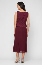 Tea Length Textured Jacquard Mock Jacket Dress with Scoop Neck Bodice, Full Skirt and Decorative Hook Neck Closure Jacket