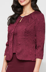 Tea Length Textured Jacquard Mock Jacket Dress with Scoop Neck Bodice, Full Skirt and Decorative Hook Neck Closure Jacket