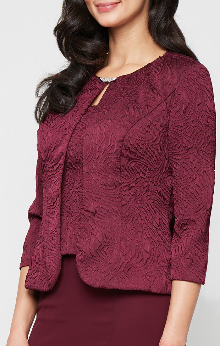Tea Length Textured Jacquard Mock Jacket Dress with Scoop Neck Bodice, Full Skirt and Decorative Hook Neck Closure Jacket
