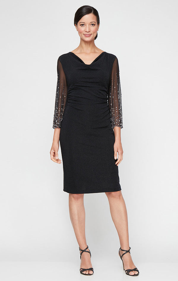 Regular - Short Cowl Neck Sheath Dress with Heat Set Illusion Sleeves