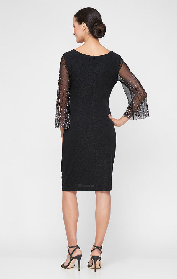 Regular - Short Cowl Neck Sheath Dress with Heat Set Illusion Sleeves