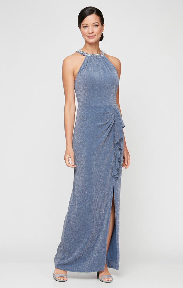 Regular - Metallic Knit Halter Dress with Embellished Neckline & Cascade Detail Skirt