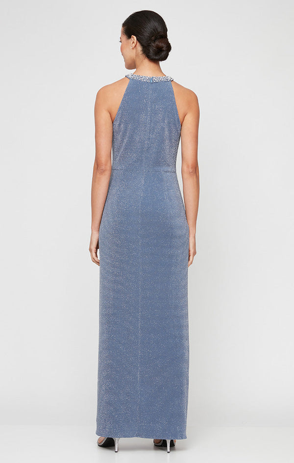 Regular - Metallic Knit Halter Dress with Embellished Neckline & Cascade Detail Skirt