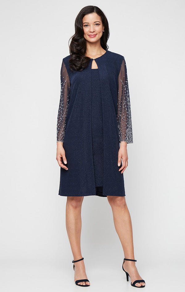 Plus Short Metallic Knit Jacket Dress with Heat Set Illusion Sleeves and Elongated Jacket