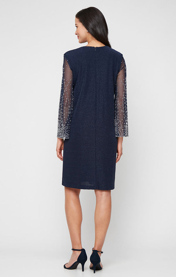 Plus Short Metallic Knit Jacket Dress with Heat Set Illusion Sleeves and Elongated Jacket