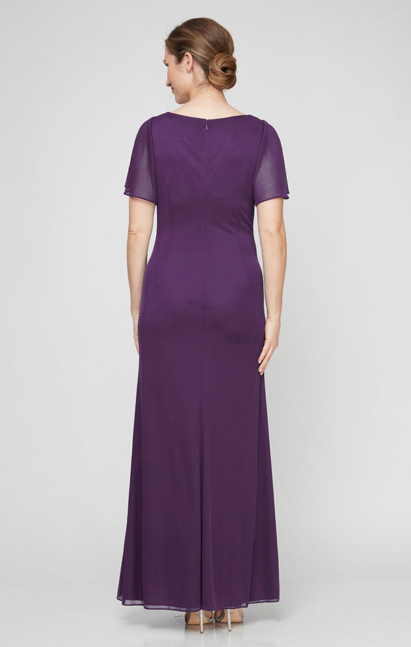 Plus - Mesh Gown with Flutter Sleeves, Embellishment at Hip and Cascade Skirt Detail