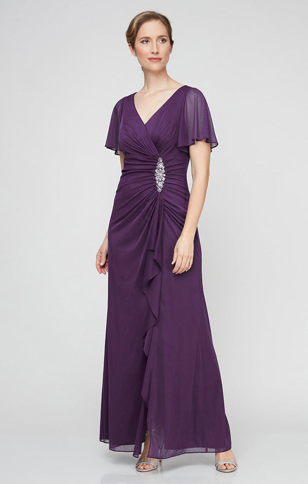 Plus - Mesh Gown with Flutter Sleeves, Embellishment at Hip and Cascade Skirt Detail