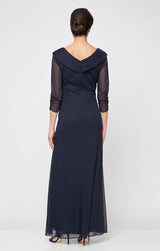 Long Portrait Collar Dress With Embellished Detail at Hip and Ruched Skirt Detail