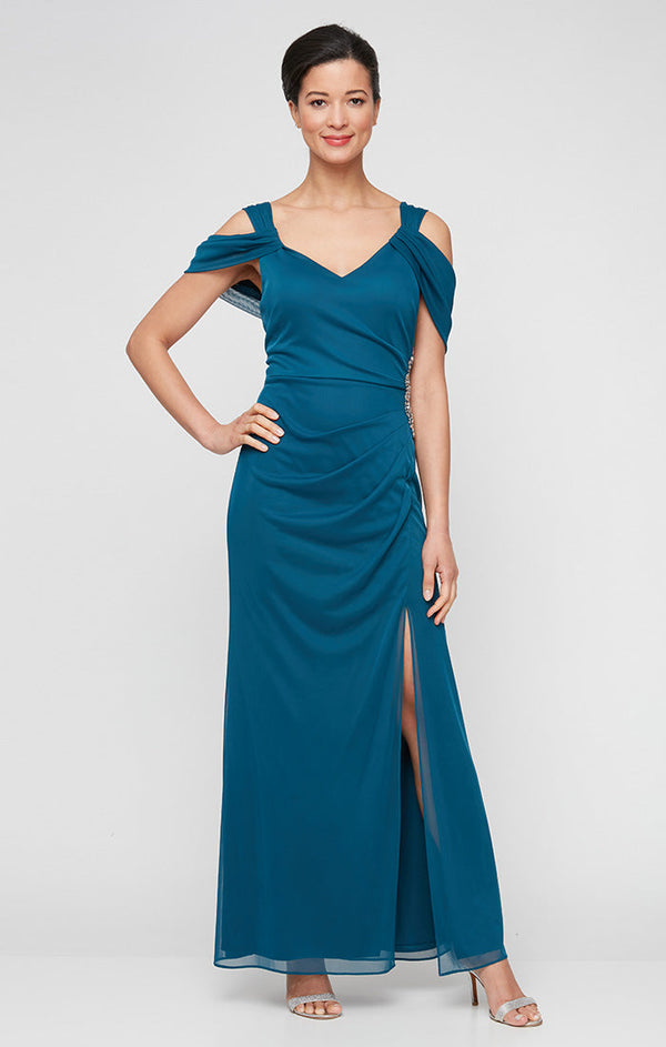 Long Cold Shoulder Mesh Dress with Surplice Neckline & Beaded Detail at Hip