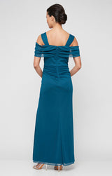 Long Cold Shoulder Mesh Dress with Surplice Neckline & Beaded Detail at Hip