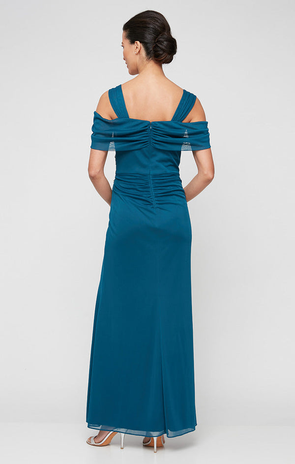 Long Cold Shoulder Mesh Dress with Surplice Neckline & Beaded Detail at Hip