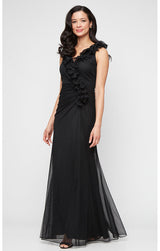 Plus Long Mesh Surplice Halter Neck Dress with Ruched Waist Detail and Ruffle Neckline
