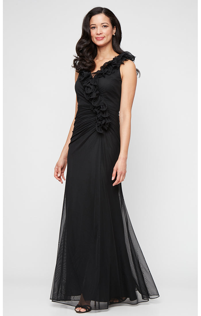 Plus Long Mesh Surplice Halter Neck Dress with Ruched Waist Detail and Ruffle Neckline