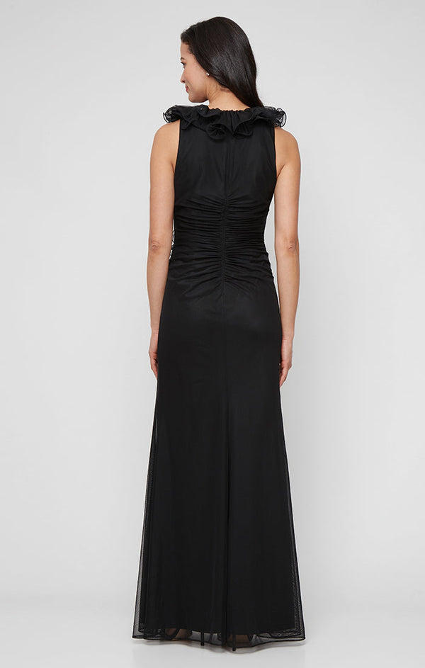 Plus Long Mesh Surplice Halter Neck Dress with Ruched Waist Detail and Ruffle Neckline