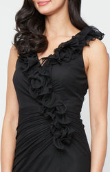 Plus Long Mesh Surplice Halter Neck Dress with Ruched Waist Detail and Ruffle Neckline